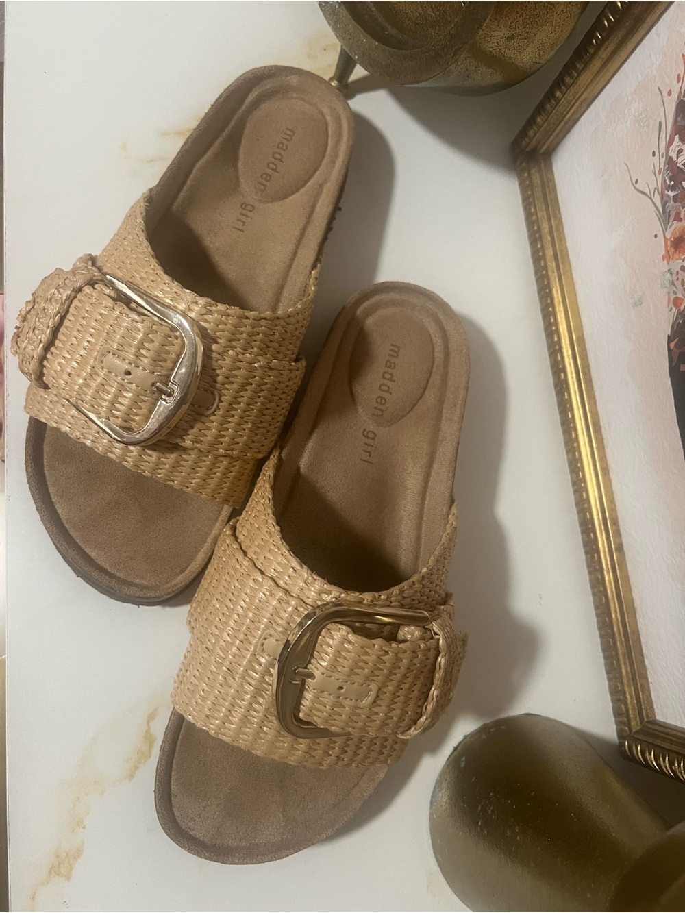 Madden Girl Woven Tan Slide Sandals with Buckle Accent